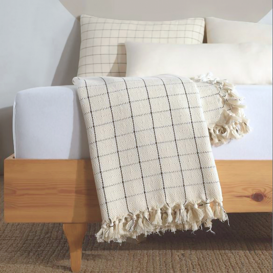 100% Turkish Organic Cotton Throw Blanket in Checkered Cream