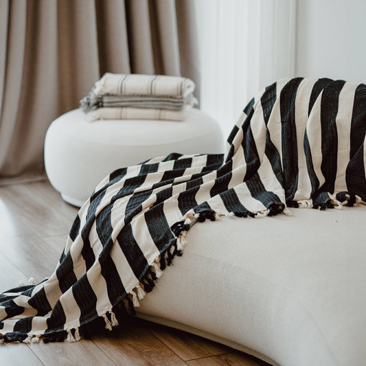 100% Turkish Organic Cotton Throw Blanket in Cream & Large Black Stripes