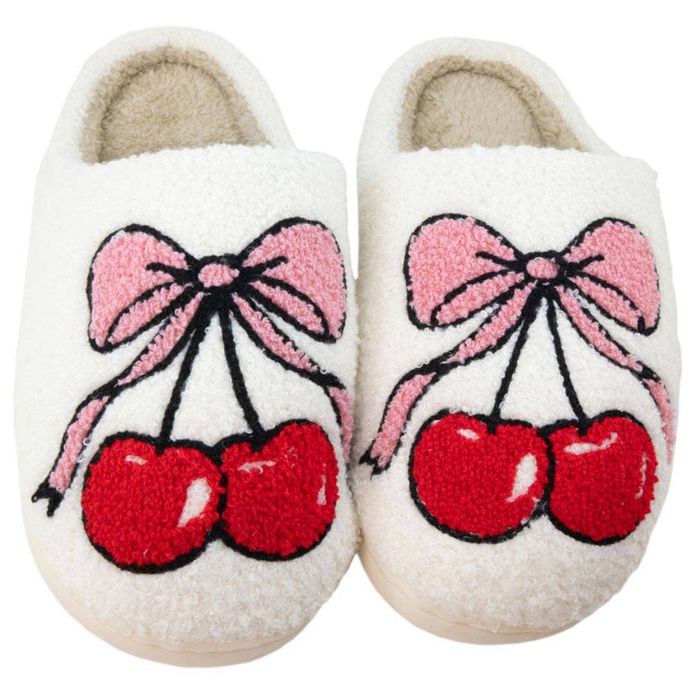 Cherry Bow Fuzzy Slippers - Loren Estes Studio