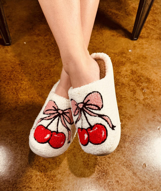 Cherry Bow Fuzzy Slippers - Loren Estes Studio