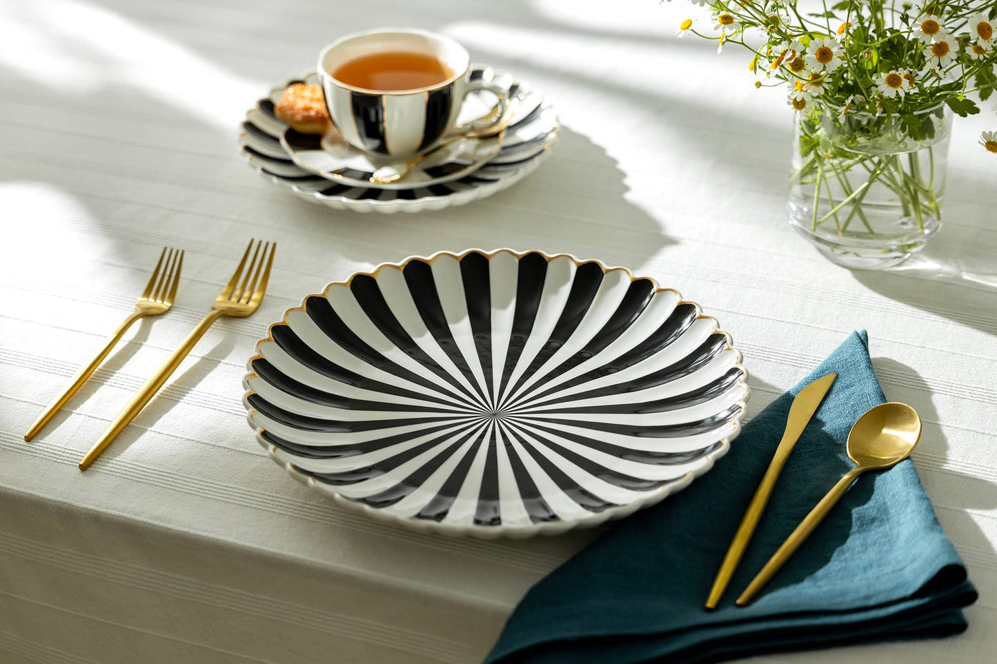 Grace Teaware Black & White Striped Scallop Dinner Plate - Loren Estes Studio