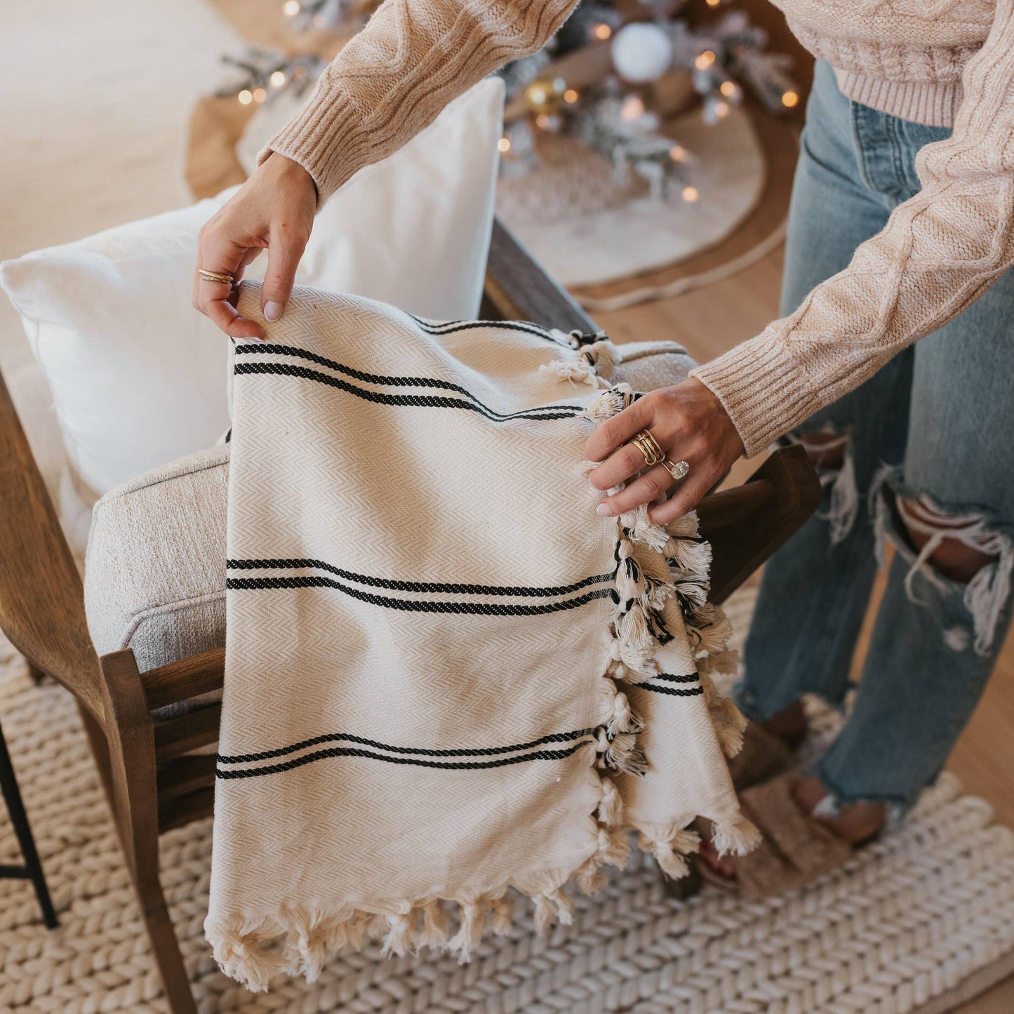 Turkish Throw Blanket in Cream & Black - Loren Estes Studio